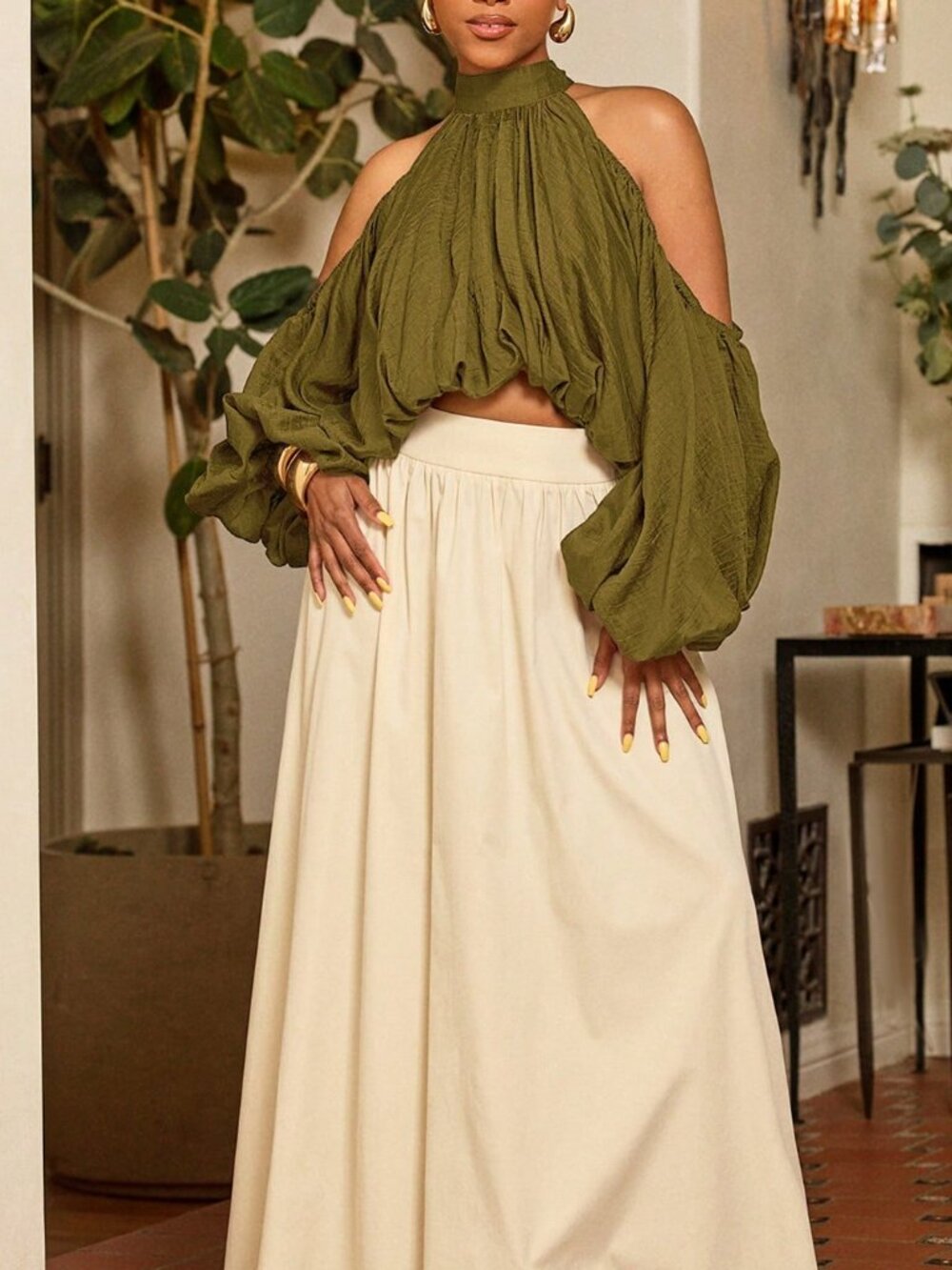 Olive Green Casual Women's Ruched Button Halter Bishop Sleeve Draped Top